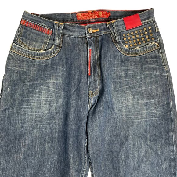 Vintage Y2K Stash House Denim Jeans 34 Med Wash Distressed Straight Embellished - Picture 2 of 8